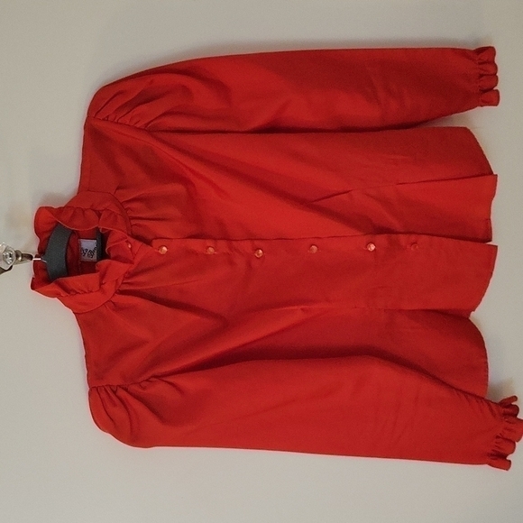VTG LA BENE 1970s Red Ruffle High Neck Puff Sleeve Colonial Castlecore Blouse - Picture 3 of 9